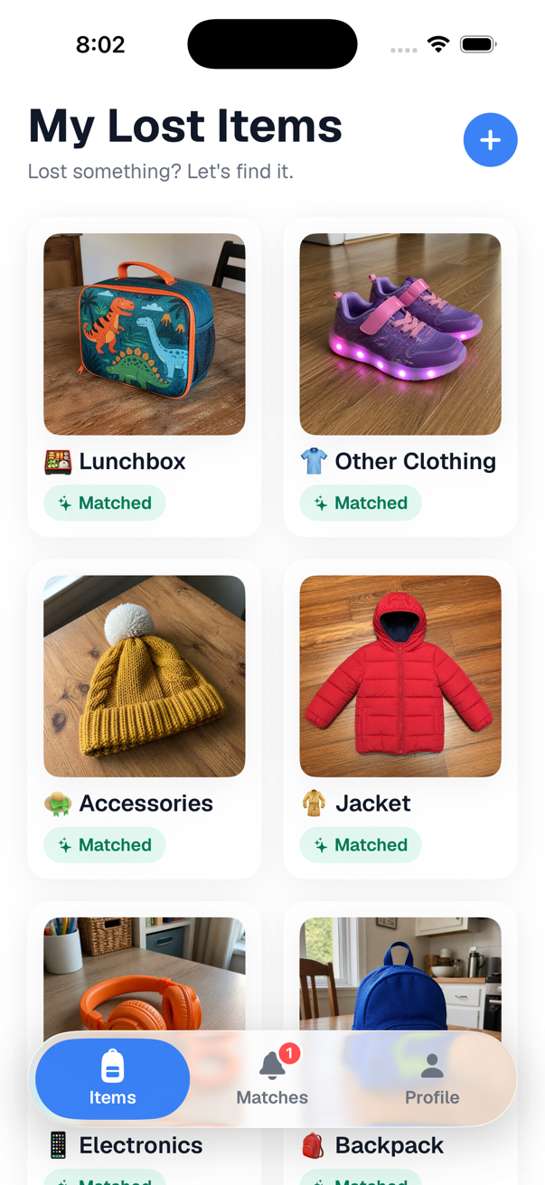 My Lost Items: a lunchbox, sneakers, a beanie and a jacket, each marked Matched