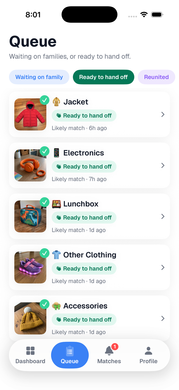Staff queue: five items families have claimed, each ready to hand off
